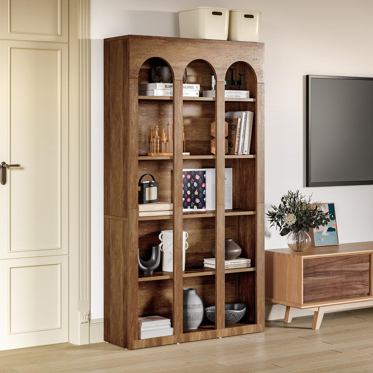 LITTLE TREE 5-Tier Bookshelf, 70.8-in Tall Bookcase with Open Shelves, Wooden Display Bookshelves and Bookcases, Vintage Display Book Shelf for Bedroom, Living Room, Office, Brown LITTLE TREE
