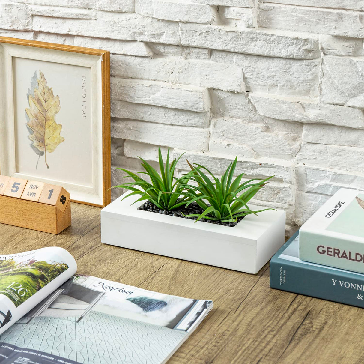 MyGift 10 Inch Artificial Grass Fake Plants in White Rectangular Wood Planter - Faux Plants Indoor for Tabletop Centerpiece Décor MyGift