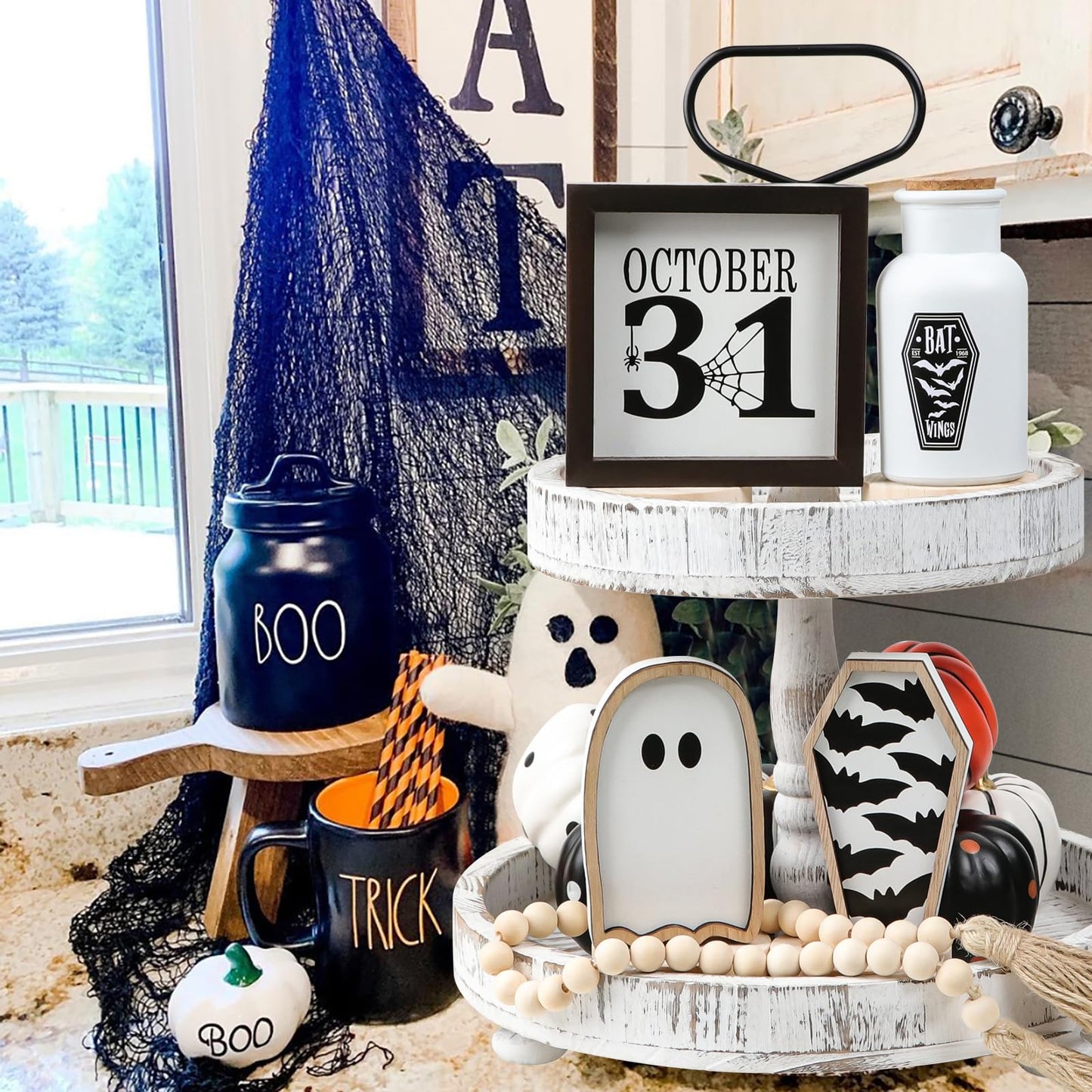 Maxsoins Halloween Decorations Indoor- Apothecary Potion Bottles,Bat Coffin, Ghost,and Halloween Wood Signs & Bead Garland-Farmhouse Decoration for Tiered Tray Table Home Party Decor