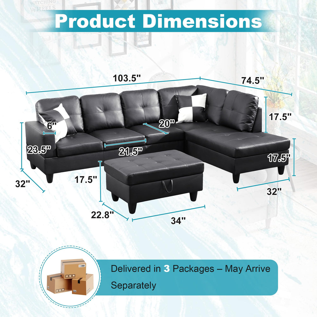 Lyngins 103.5" Oversized Sectional Couch, L Shaped Couch with Storage Ottoman, Modern Modular Sofa with Deep Seat, Sectional Couches for Living Room and Office, Jet Black (Faux Leather) Lyngins