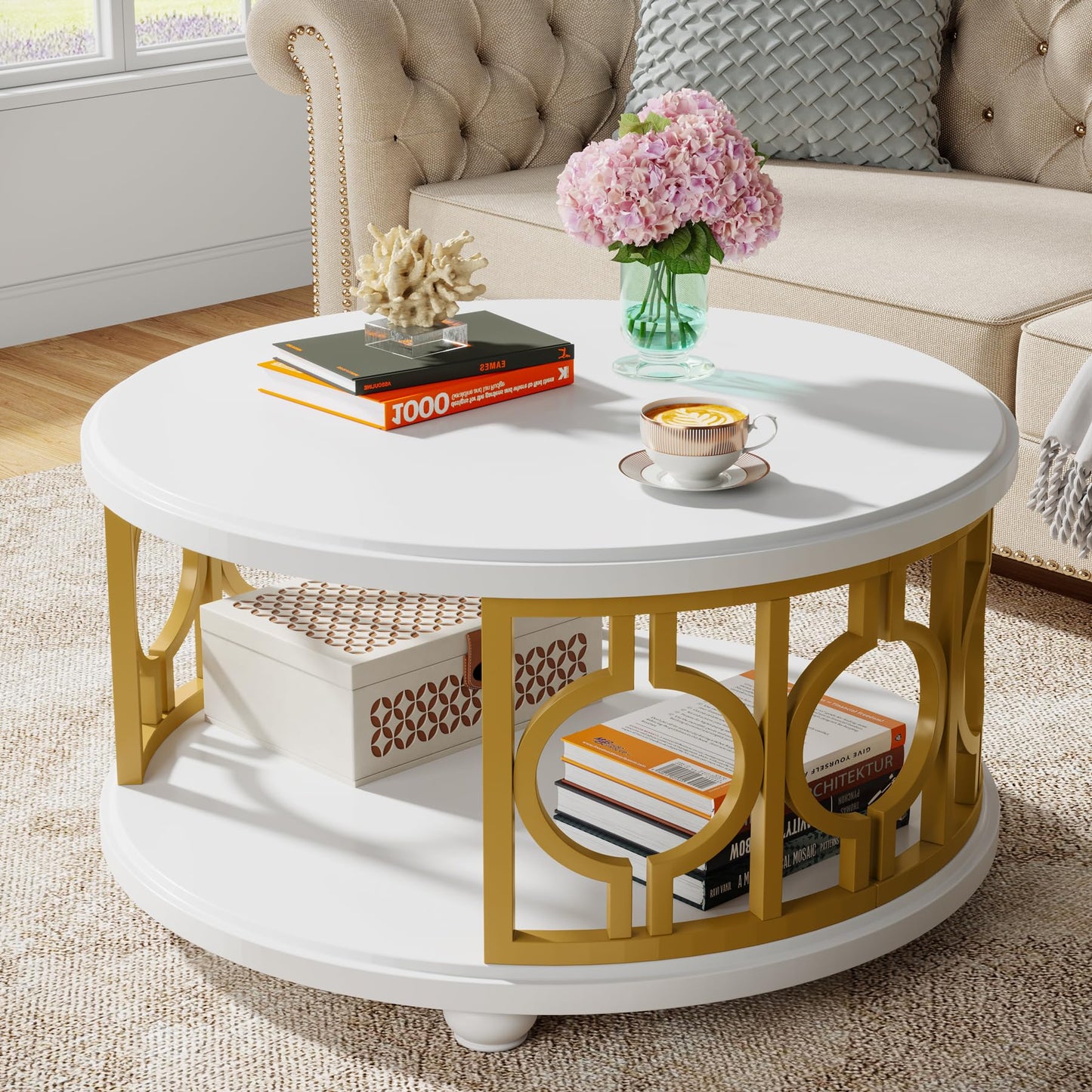 Tribesigns Round Coffee Table, 2-Tier Circle Coffee Table with Storage Shelf, Modern Center Table for Living Room & Office, White and Gold - WoodArtSupply