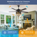 Crystal Ceiling Fan Fandelier with Lights - Modern Outdoor Fans with Remote Control，Noiseless AC Motor, Retro/Farmhouse Lighting, Dining Room， Living Room (52" Asyko