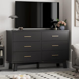 Dresser for Bedroom, 6 Drawer Wide Modern Chest of Drawers with X-Shaped Sturdy Base, Wood Double Dresser Closet Clothes Storage Organizer, Wooden Dresser TV Stand for Living Room, Hallway, Black Xixini