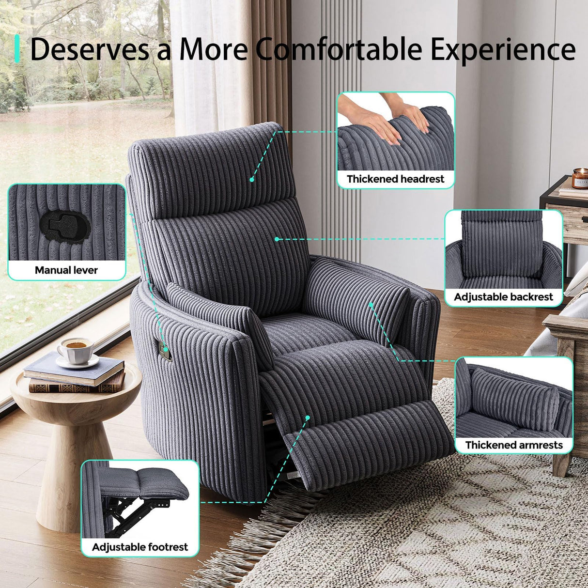 LINSY 360 Swivel Nursery Recliner - Corduroy Glider Rocking Chair with 2 Pillows, Comfy High Back Adult Recliner for Small Spaces, Nursery Bedroom Living Room Reclining Chairs, Grey LINSY