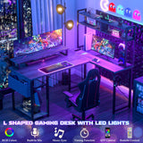 Aheaplus Small L Shaped Gaming Desk with LED Lights & Power Outlets, Reversible L-Shaped Computer Desk with Monitor Stand & Storage Shelf, Corner Desks Home Office Desk with Storage Bag, White Oak Aheaplus