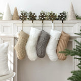 Pawliss Christmas Stockings: 5 Pack Farmhouse Plush Faux Fur & Cable Knitted Fireplace Xmas Stockings, Hanging Gifts Cozy Personalized Stocking Decorations for Family Holiday Décor, White Gray Beige Pawliss