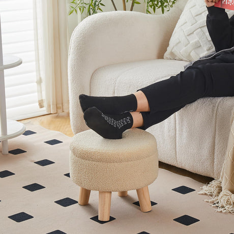 Wimarsbon Storage Ottoman, Modern Round Footrest with Soft Padded Seat, Teddy Velvet Footstool with Wood Legs, Accent Small Table or Plant Stand for Hallway, Living Room (Off-White) Wimarsbon