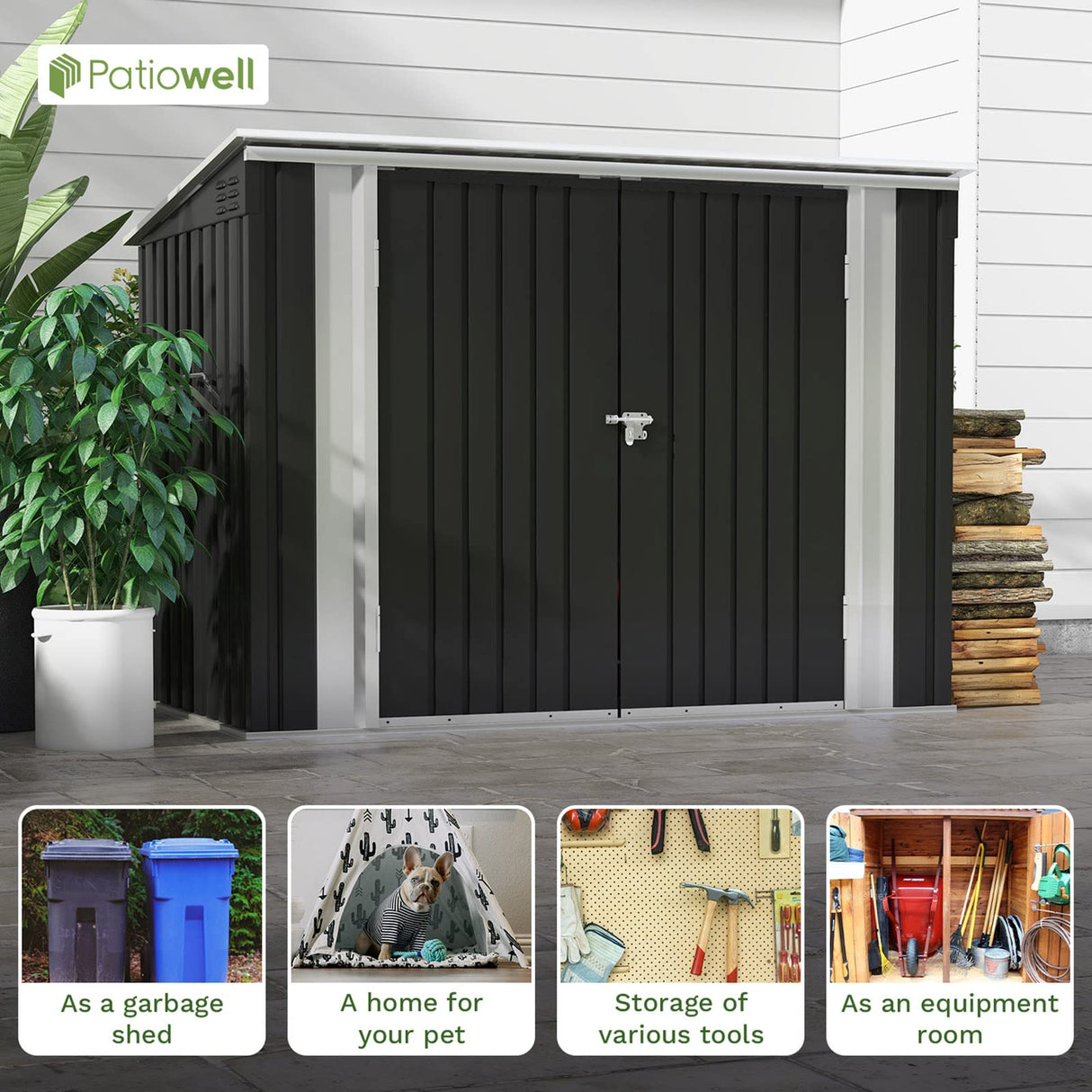 Patiowell 6 x 3 FT Horizontal Metal Shed, Outdoor Storage Shed with Double Lockable Doors and Easy Lift Hinges for Trash Cans, Garden Tools and Pool Accessories, Sloping Roof for Backyard Garden Lawn Patiowell