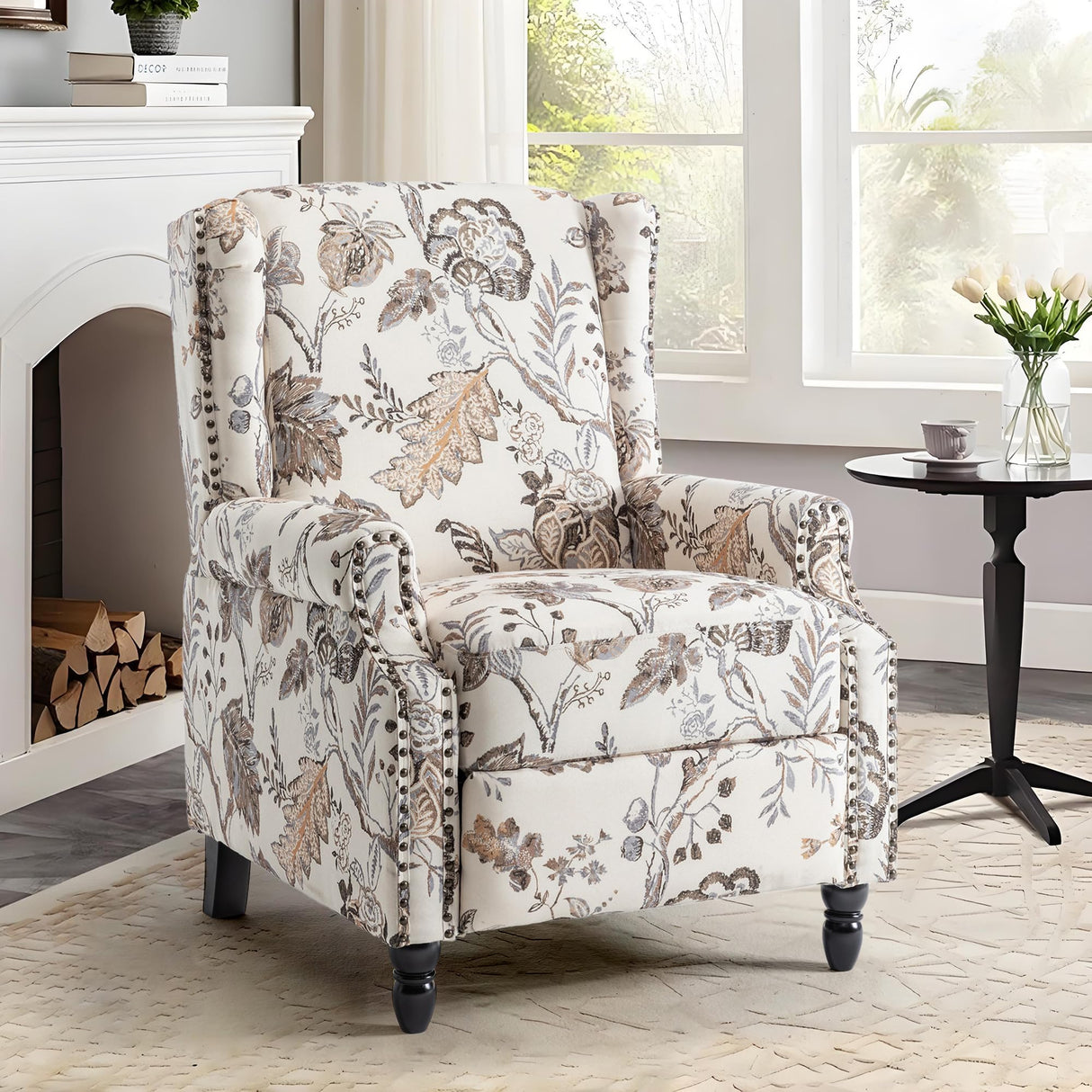 UIXE Pushback Recliner Chair, Fabric Upholstered Armchair Push Back Accent Chair for Living Room, Rivet Trim Home Theater Single Sofa Bedroom Reading Seat with Footrest - Beige Plants UIXE