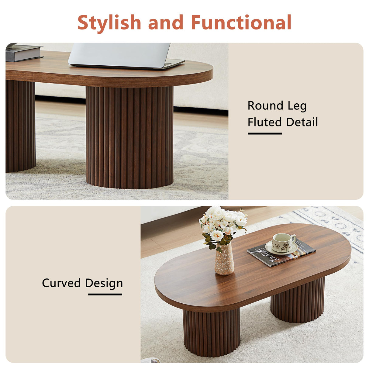 AVZEAR Oval Fluted Coffee Table for Living Room, Mid Century Modern Coffee Table with Fluted Legs, Curved Round Wooden Center Table for Home, Office, Cafe, Vintage Walnut (39.38" x 19.69" x 13.78") AVZEAR
