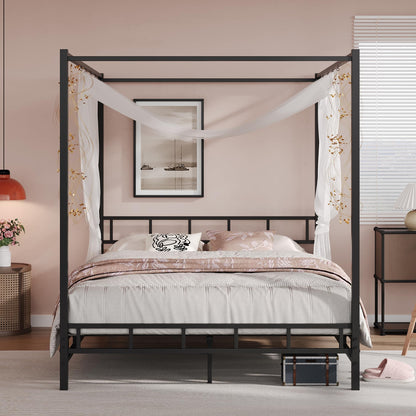 Queen Canopy Bed Frame with Headboard and Footboard, Mattress Foundation Platform with Metal Slats Support, No Box Spring Needed, Easy Assembly, Black