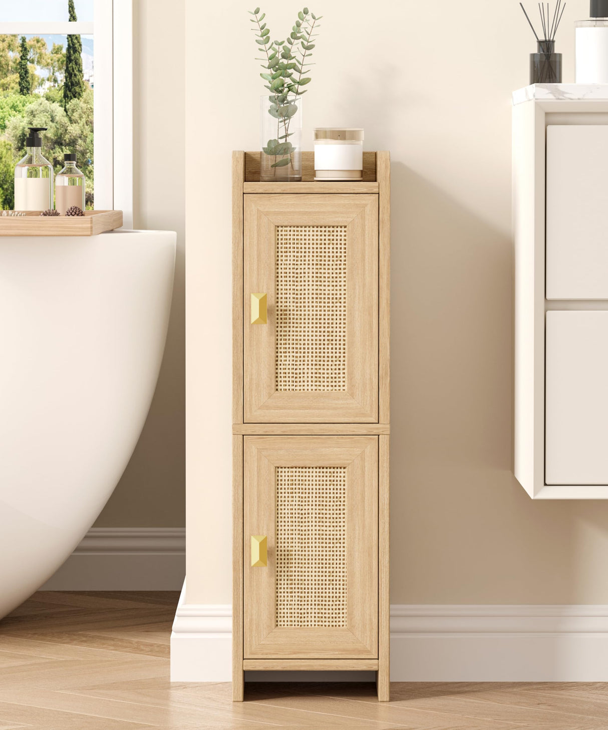 Akxomel Rattan Small Bathroom Cabinet with 2 Doors, Narrow Toilet Paper Storage Cabinet, Bathroom Organizer for Small Spaces, Wooden Slim Corner Floor Unit with Adjustable Shelves, Natural Oak Akxomel