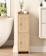 Akxomel Rattan Small Bathroom Cabinet with 2 Doors, Narrow Toilet Paper Storage Cabinet, Bathroom Organizer for Small Spaces, Wooden Slim Corner Floor Unit with Adjustable Shelves, Natural Oak Akxomel