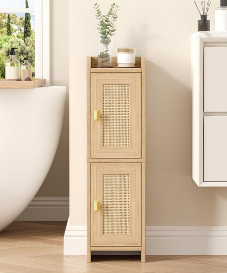 Akxomel Rattan Small Bathroom Cabinet with 2 Doors, Narrow Toilet Paper Storage Cabinet, Bathroom Organizer for Small Spaces, Wooden Slim Corner Floor Unit with Adjustable Shelves, Natural Oak Akxomel