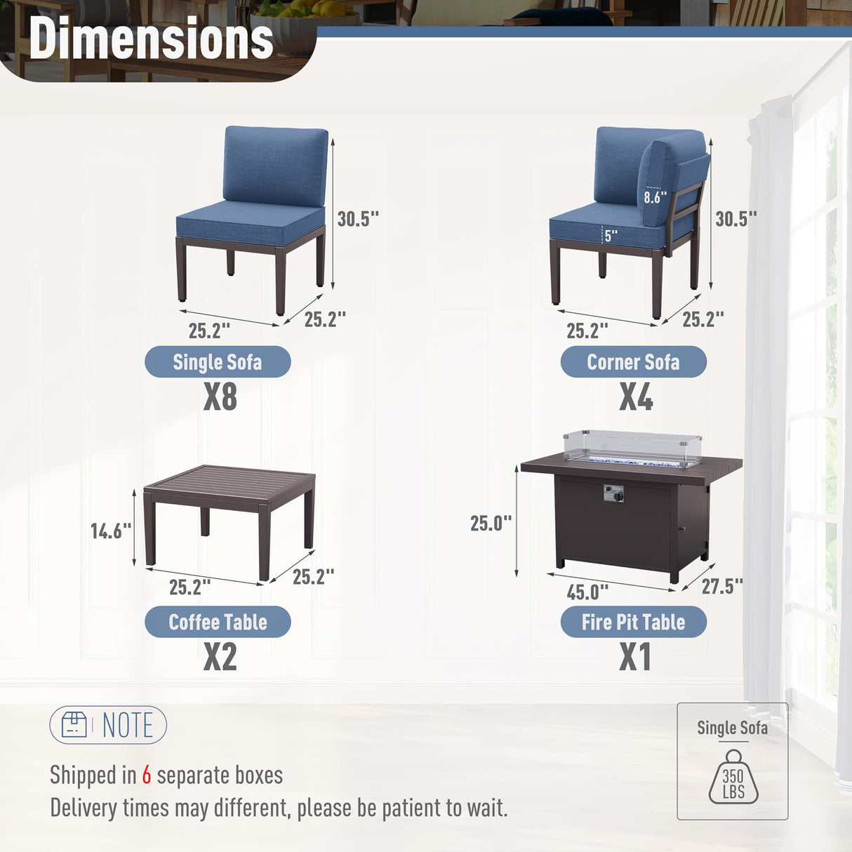 Kurapika 15 Pieces Metal Patio Furniture Set Modern Metal Outdoor Conversation Sets w/45in Propane Fire Pit Table, Patio Sectional Sofa w/5 Inch Cushion, Navy Blue Kurapika