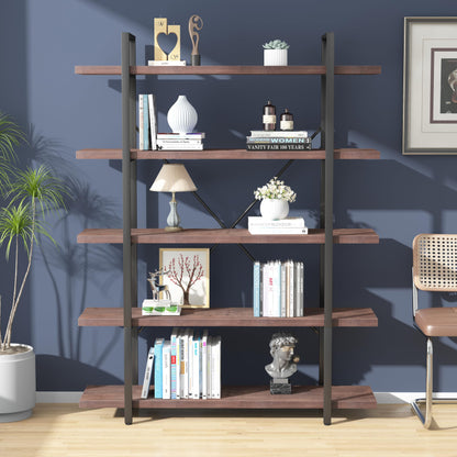 5-Tier Rustic Gray Solid Wood Bookshelf with Industrial Metal Accent - WoodArtSupply