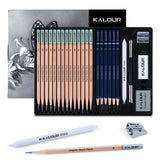 KALOUR 25-Piece Professional Sketch Pencil Set with Matte and Regular Pencils - Includes Vinyl Eraser, Kneaded Eraser, Sharpener, Pencil Extender and Blending Stump - Ideal for Artists and Beginners KALOUR