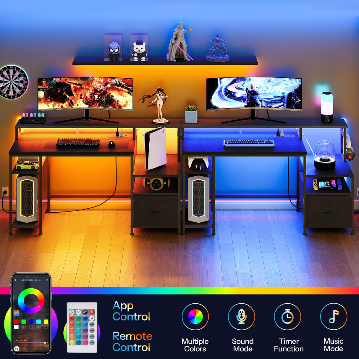 HOOBRO Computer Desk, 55" Home Office Desk with Fabric File Cabinet, Power Outlet and LED Strip, Office Desk with Monitor Stand and 2 Hooks for Home Office, Black BB46UDDN01 HOOBRO