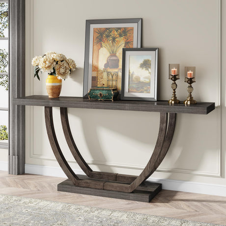 Tribesigns 63-Inch Wood Console Table with Geometric Metal Base, 2-Tier Farmhouse Sofa Table Narrow Long, Thickened Behind Couch Table with Shelves for Living Room Foyer Corridor (Rustic Grey) Tribesigns