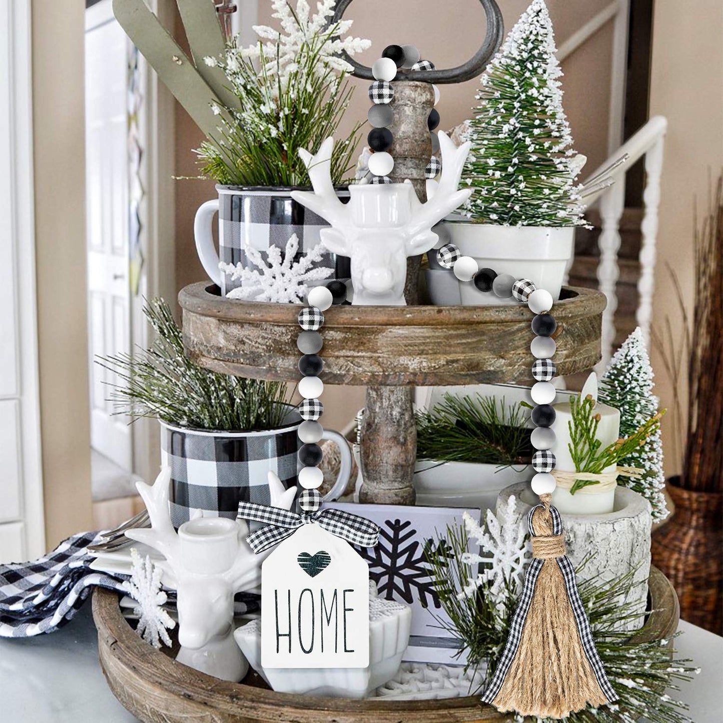 40inch Black&White Plaid Wood Bead Garland with Tassel Rustic Farmhouse Tiered Tray Decorations Country Rustic Wall Hanging Decor Natural Wood Bead Decoration for Home Winter Christmas