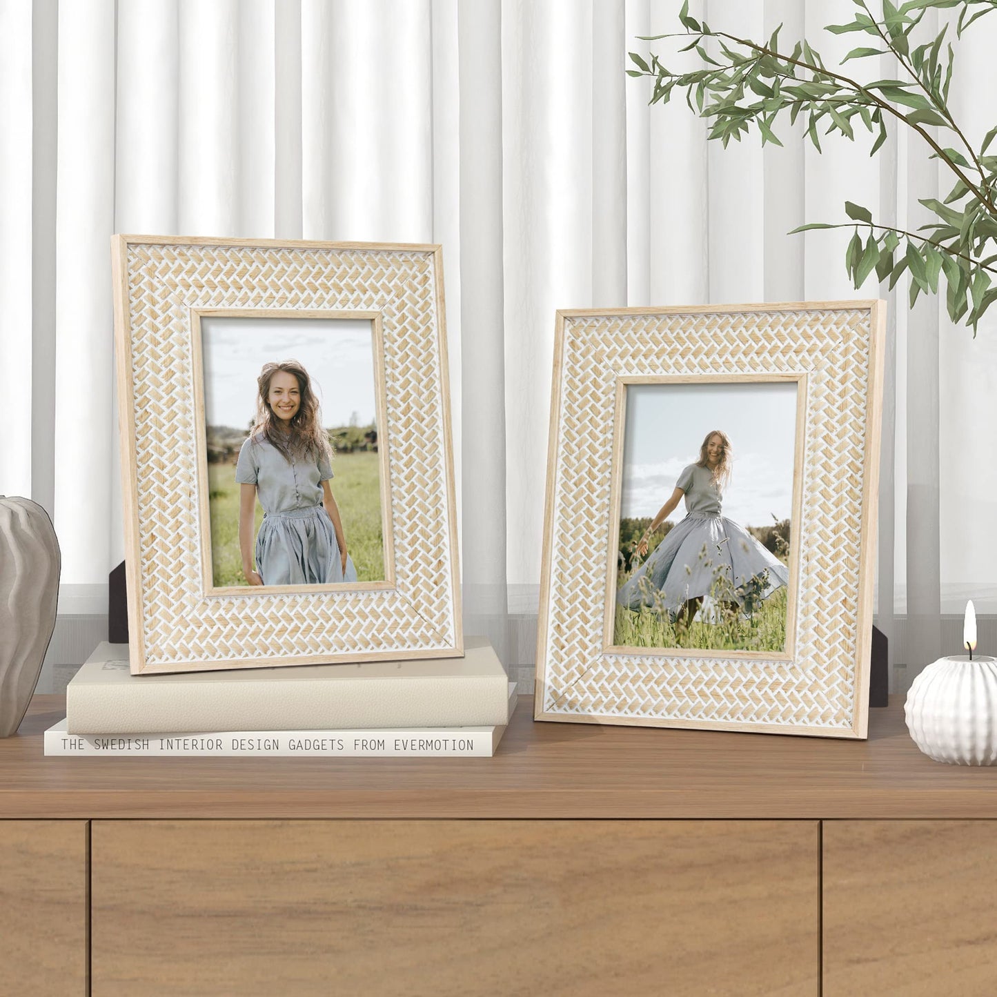 takfot Boho Picture Frames 5x7 Family Picture Frame 2 Pack, Bohemian Rattan Decor Farmhouse Style Carved Wood Frames for Wall Mount or TableTop Display Birthday Christmas Gifts