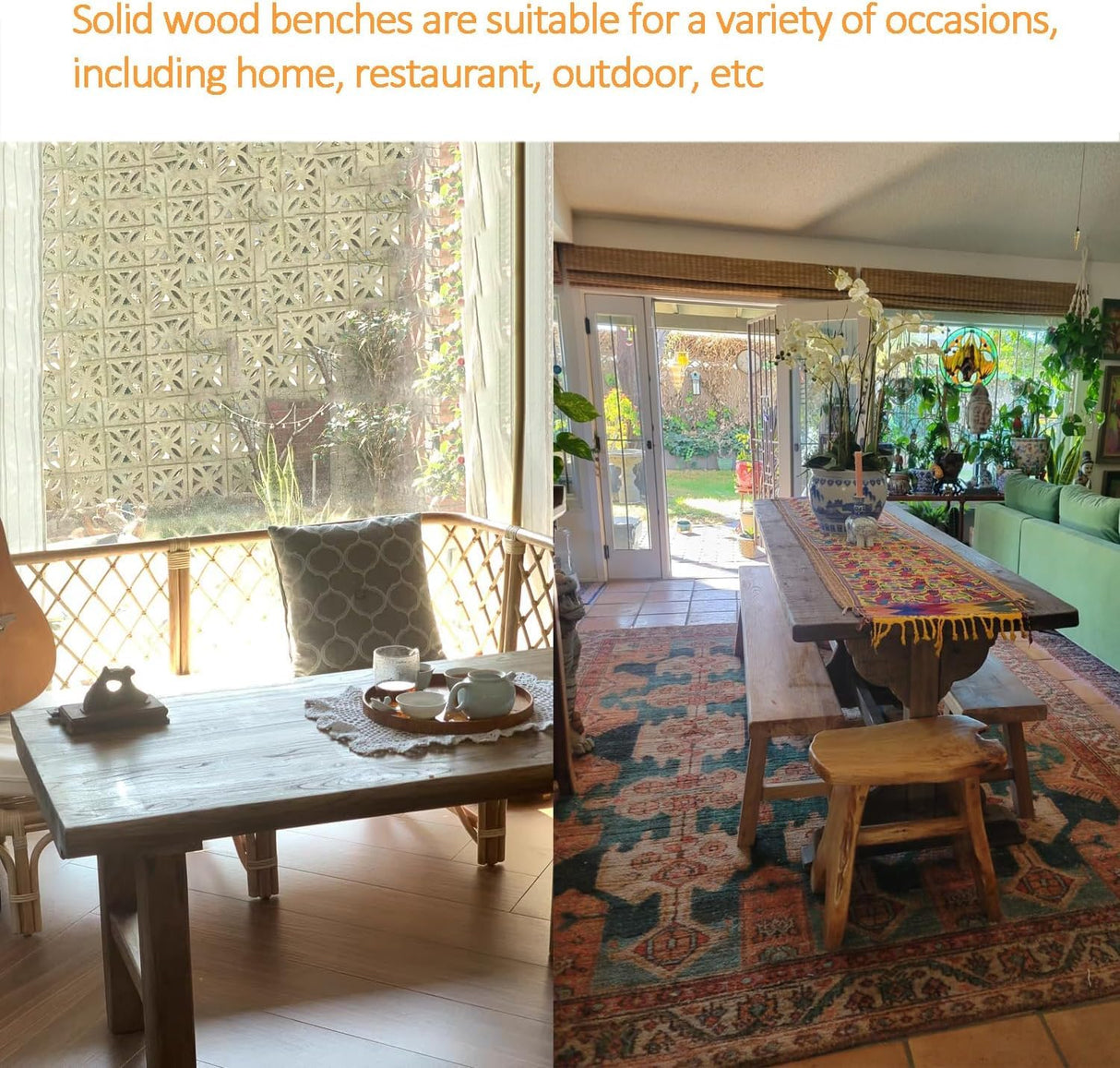 ConveniBee Farmhouse Indoor Wooden Living Room Dining Bench, Asian Natural Wood Kitchen Entryway Benc with Armless Design and Short Height, Solid Wood Shoe Bench Entryway Benches (39.3 * 10.2 * 17.7) ConveniBee