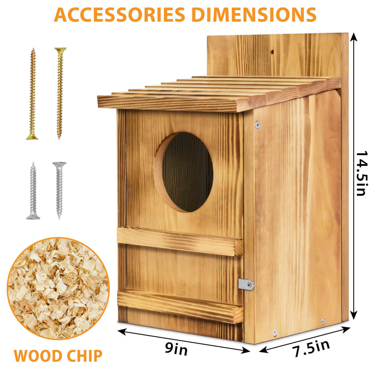 Screech Owl House, Owl Bird Box Large Handmade Wooden Circular Opening Screech Box for Outside with Mounting Screws and A Bag of Wood Shavings, Easy Assembly Required (Brown, 9" x 14.5") MOBYKE