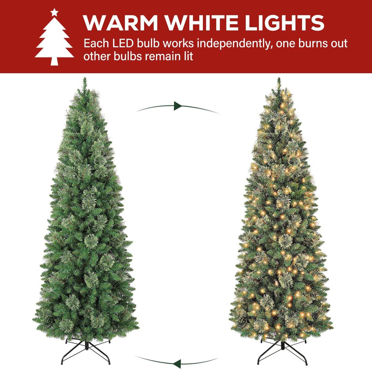 Hykolity 7.5 ft Prelit Artificial Pencil Slim Christmas Pine Tree with 792 PVC Branch Tips, 300 Warm White LED Lights, Metal Stand and Hinged Branches, Perfect for Home, Decoration hykolity