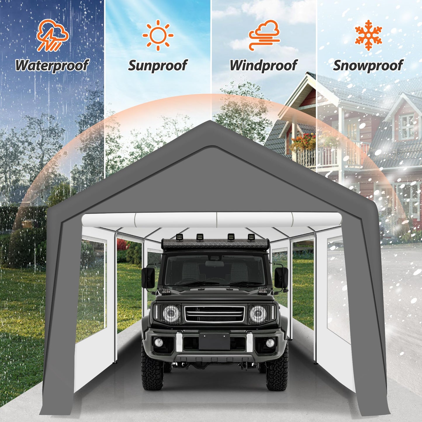 QZEN Carport 12'x20' Portable Garage, Heavy Duty Carport Canopy with Roll-up Ventilated Windows & Side Doors, Car Port for SUV, F150, Car, Truck, Boat（12' x 20'）