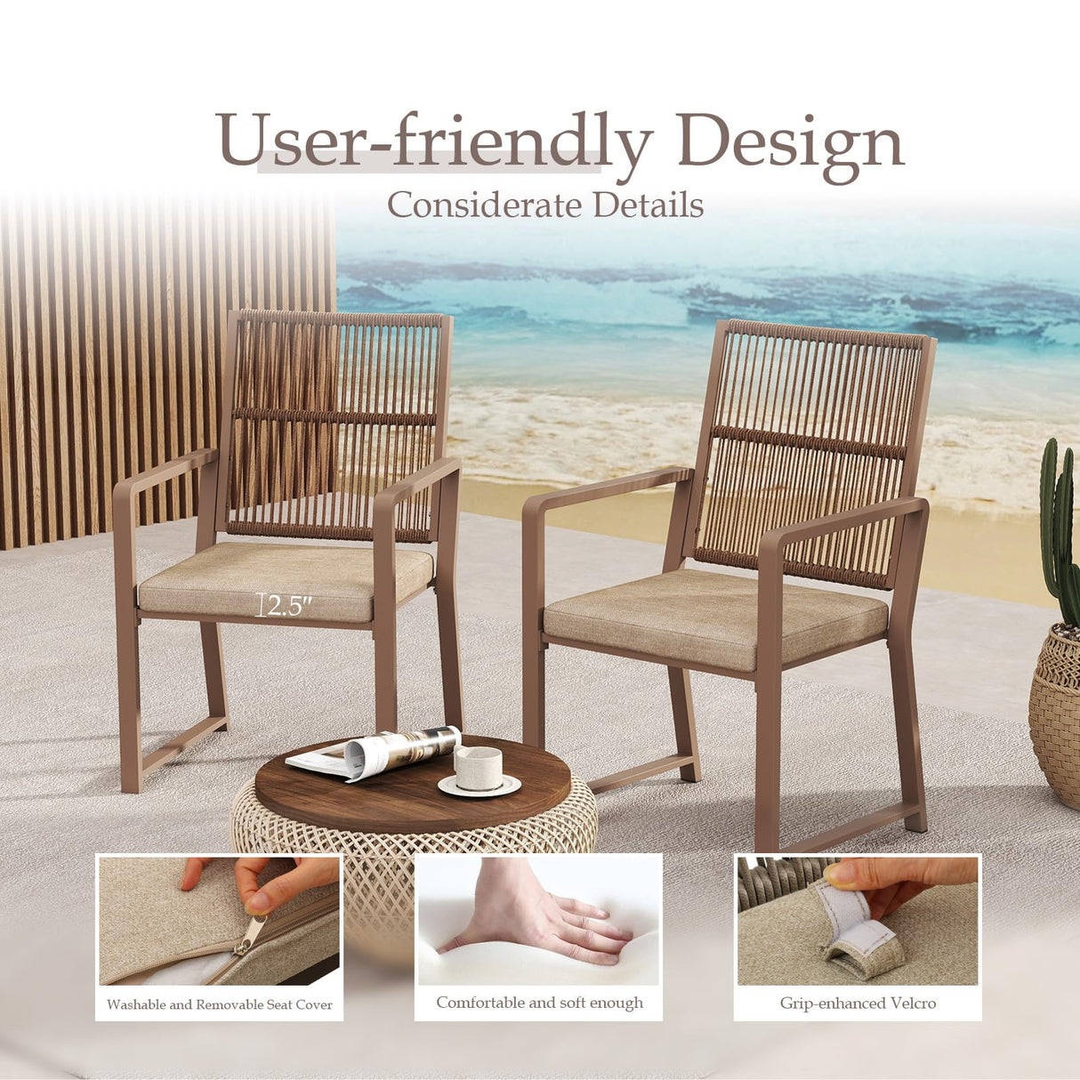 Coreporch Aluminum Outdoor Patio Dining Chairs - Imitation Rope Vine Chair Ergonomic Backrest Design Detachable Seat Cushion Soft and Breathable Garden Porch, Light Brown Set of 2 Coreporch