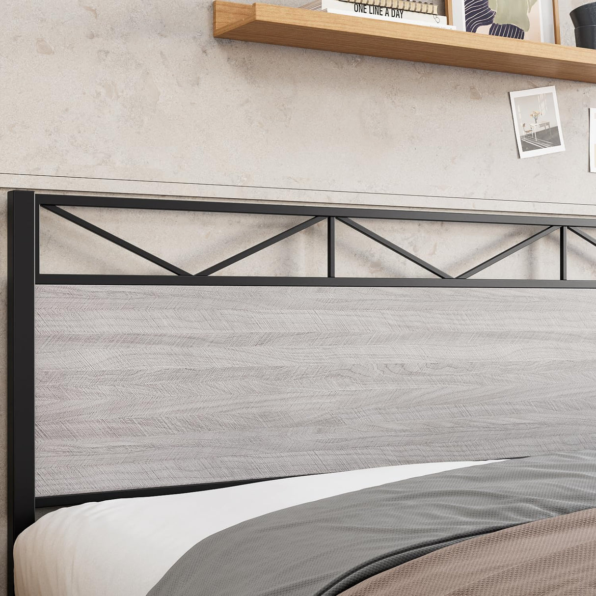 GAOMON Light Gray Woodgrain Metal Platform Bed Frame with Extra Storage and Noise-Free Assembly GAOMON