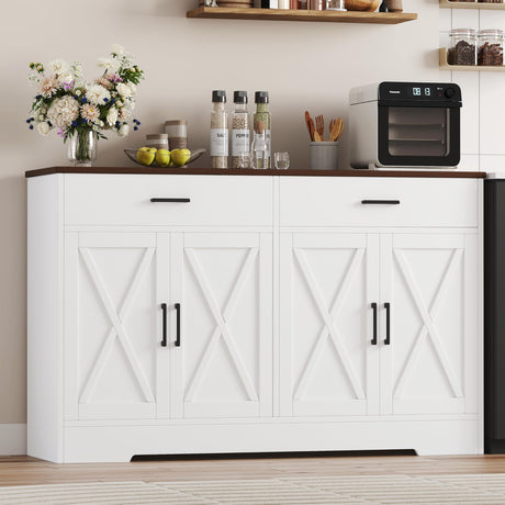 Rovaurx Farmhouse Sideboard Buffet Cabinet with Storage, Kitchen Storage Cabinet with 2 Drawers & 4 Barn Doors, Wooden Coffee Bar Cabinet Console Table for Kitchen, Dining Room, White KBG003W Rovaurx