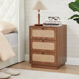 AVZEAR Mid Century Night Stand Set of 2, Modern Nightstand with 3 Drawers and Nature Linen Panel, Wood Bedside Table Rustic End Table for Small Space, Dorm, Bedroom(Walnut) AVZEAR