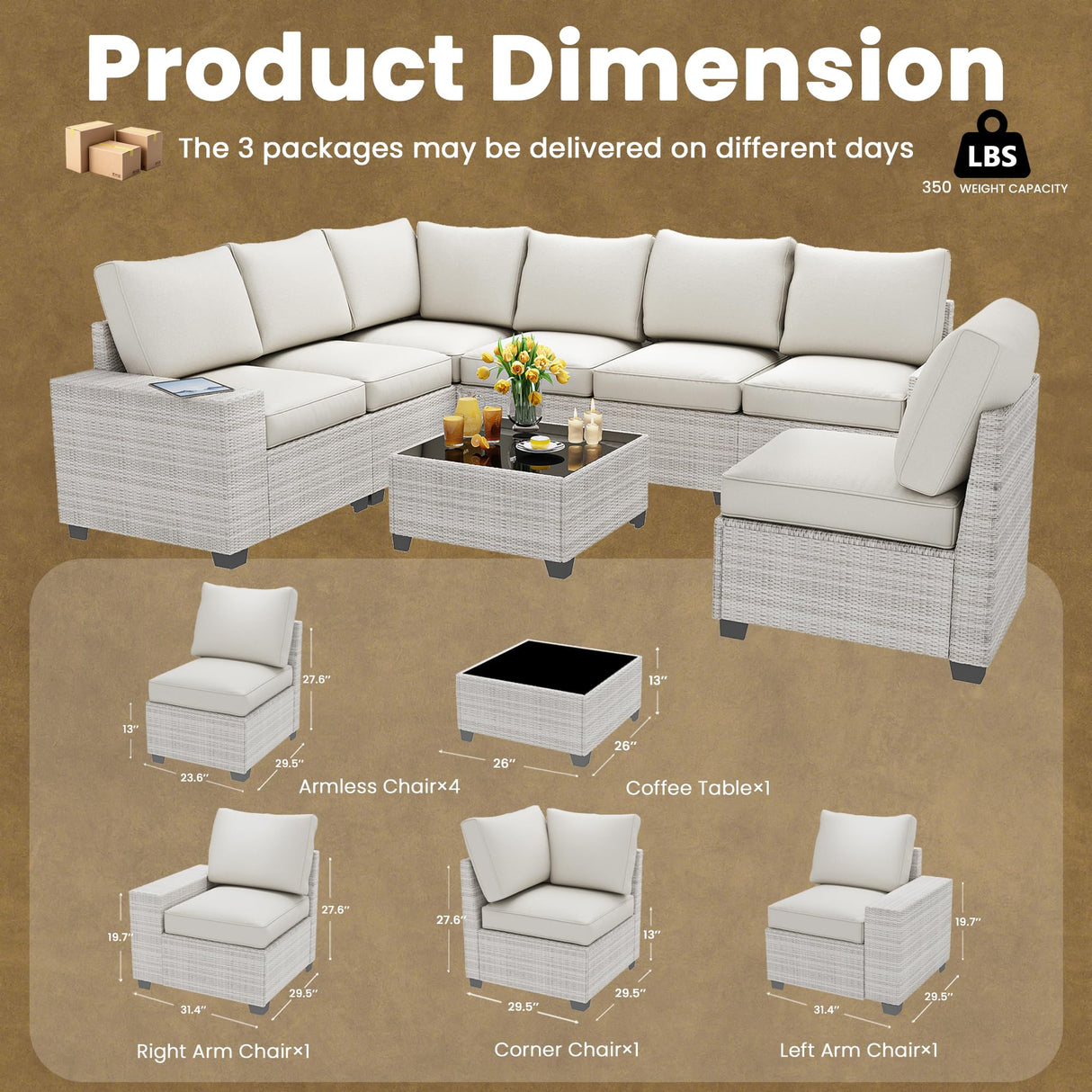 olimix 8 Piece Outdoor Patio Furniture Set, Outdoor Sectional Furniture, Rattan & Wicker Modern Modular Conversation Set Sofa Couch W/Water Resistant Washable Thick Cushions and Coffee Table, Beige olimix