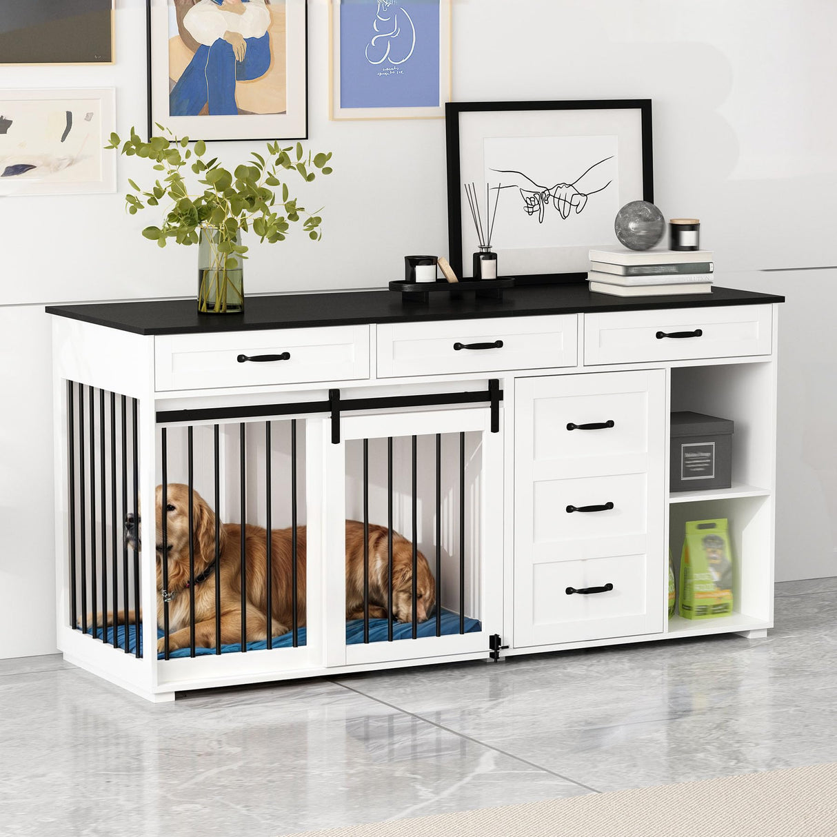 Lovinouse Large Dog Crate Furniture, 67" Wooden Dog Crates Kennel Furniture with Sliding Door, Storage Shelves and Drawers for Small, Medium and Large Dog, White+Black Tablet Lovinouse