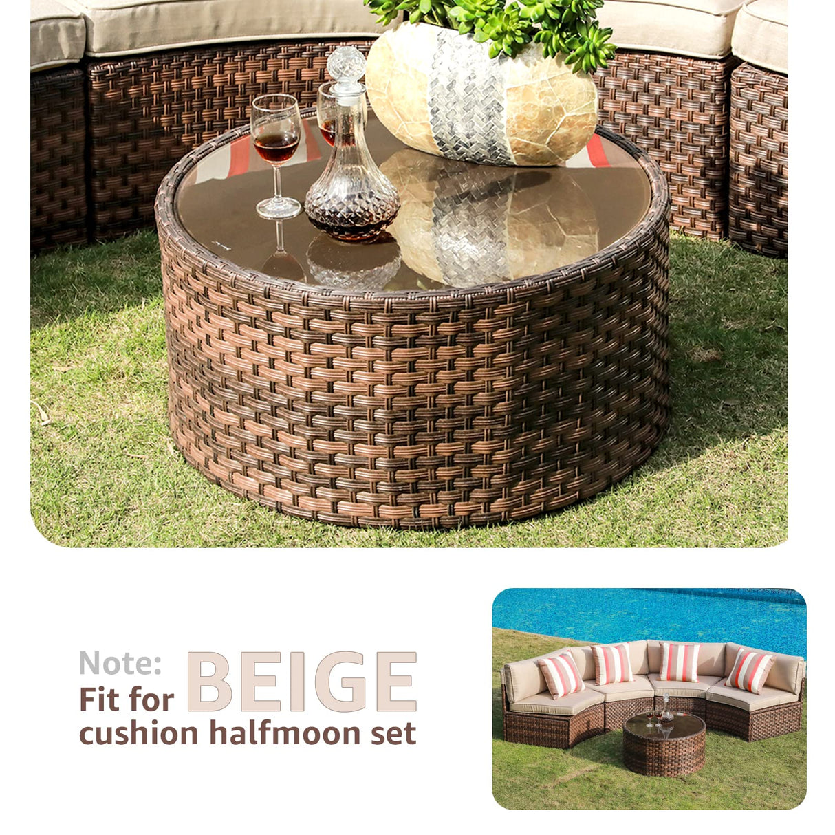 SUNSITT Round Outdoor Coffee Table with Tempered Glass Top, Rattan PE Resin Wicker Patio Side Table, Brown SUNSITT