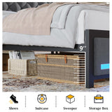 BYSAUD King Size Bed Frame with Headboard, Upholstered King Bed Frame with 3-Tier Storage Shelves & Hidden Space, King Platform Bed Frame with Charging Station & LED Lights, Heavy Metal Slat Support BYSAUD