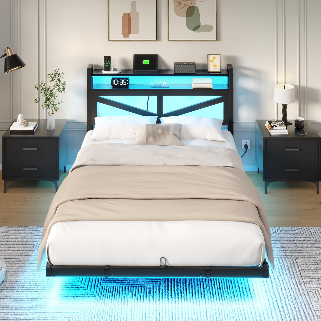 YITAHOME Full Size Floating Bed Frame with USB Charging Station Storage Headboard and with Led Light, Heavy Duty Metal Platform Bed Frame, No Box Spring Needed, Easy Assembly and Noise Free, Black YITAHOME