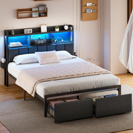 Furnulem Queen Bed Frame with Storage Drawers, Upholstered Headboard with Storage Shelf, LED Lights and Charging Station, Metal Platform Bed Frame Queen Size, Noise Free, No Box Spring Needed, Black Furnulem