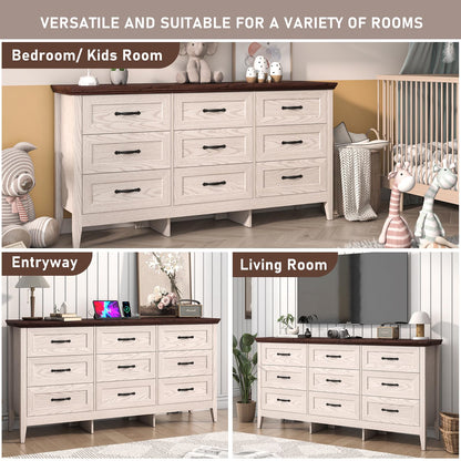 chartustriable Farmhouse 9 Drawers Dresser, 63" Wood Dresser for Bedroom Wide Chest of Drawers, French Country Storage Double Dressers Organizer for Bedroom, Living Room, Nursery(Beige)