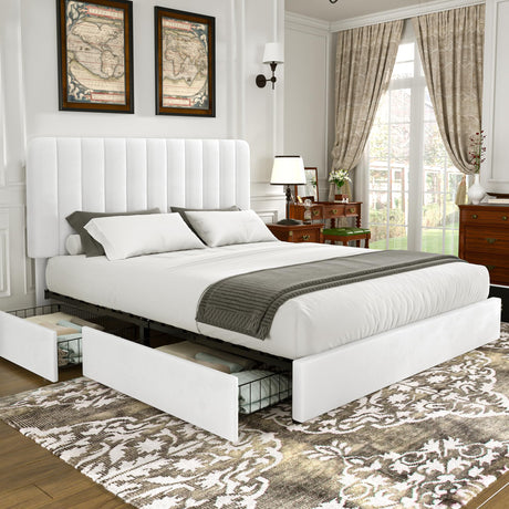 VECELO King Size Upholstered Bed Frame with 4 Drawers and Headboard, Velvet Platform Storage Bedframe, Wooden Slats Support, No Box Spring Needed,Snow-White VECELO