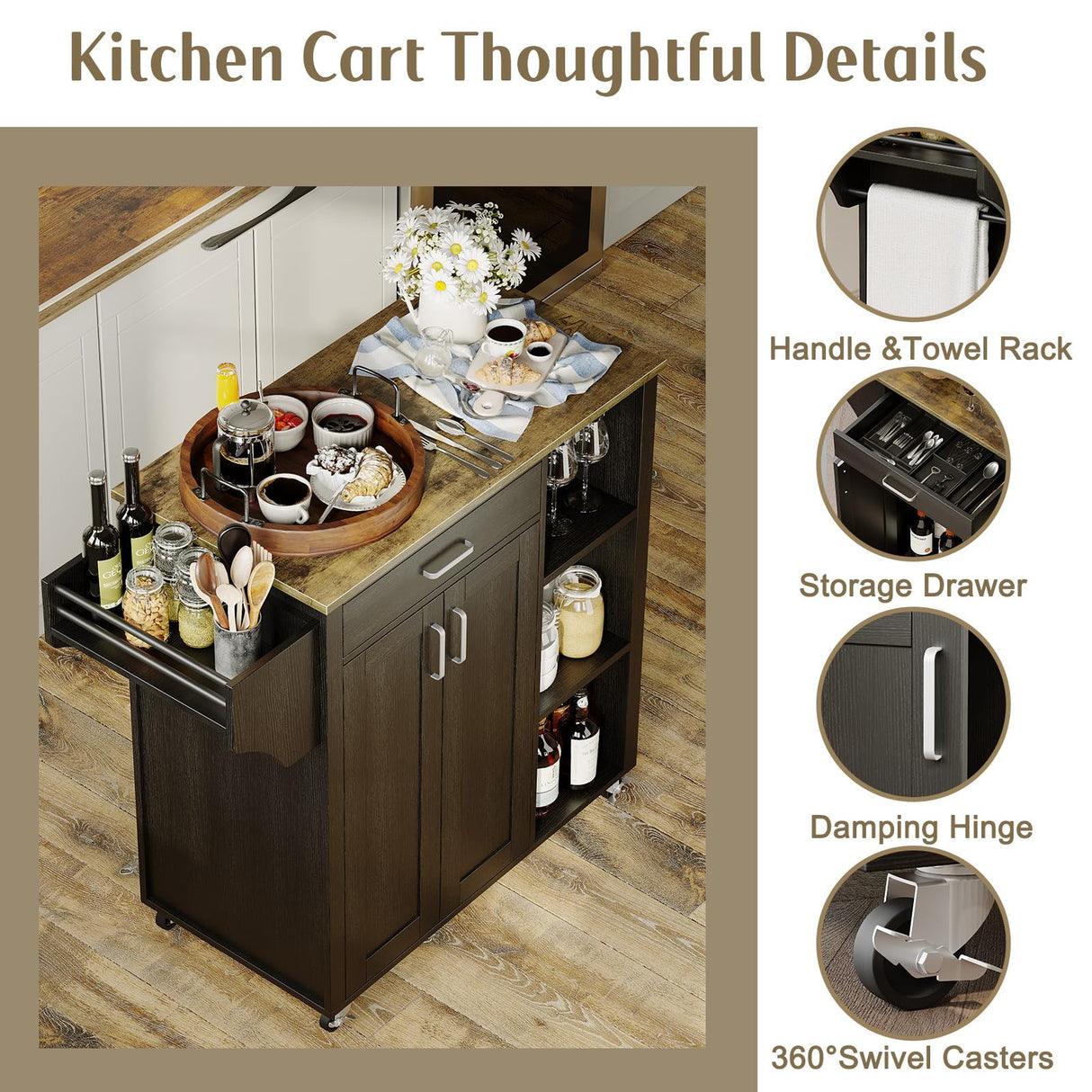 GarveeHome Mobile Rolling Island Cart for Kitchen, Kitchen Island on Wheels with Spice Rack& Drawer & Open Shelves & Towel Rack, Microwave Cart for Kitchen, Dining Room, 34.84" x 18.89" x 37", Black GarveeHome