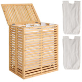 VEIKOU Hamper with Lid, Bamboo Laundry Hamper 2 Compartment, Divider Dirty Clothes Hamper, 120L Large Foldable Laundry Hamper with Removable Liners Bags VEIKOU