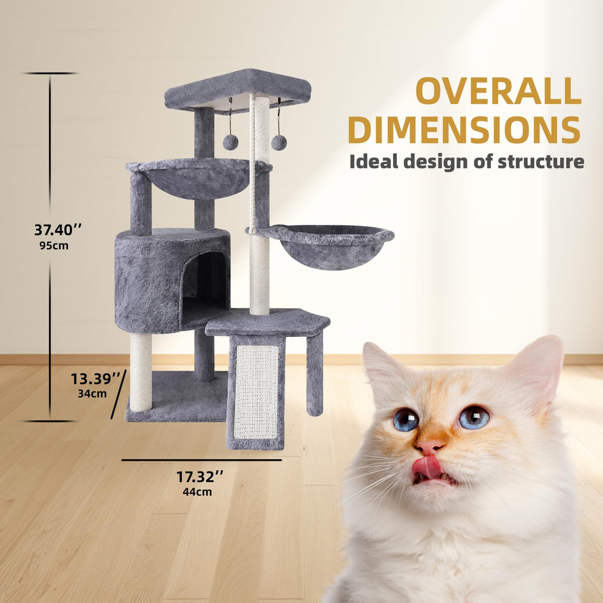 Xin Three Layer Cat Tree with Cat Condo and Two Hammocks,Grey Smouatou