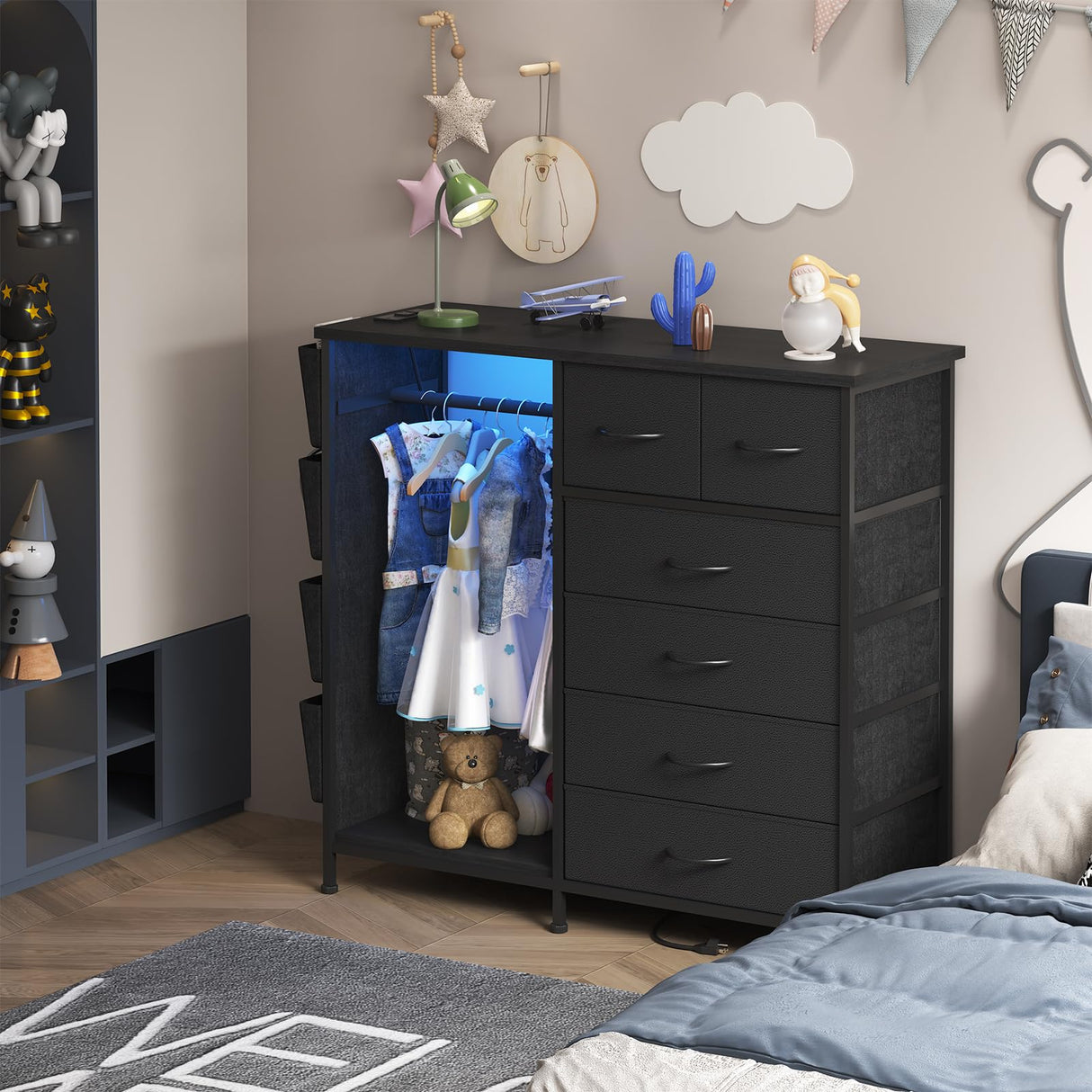 WODRAWER 6 Drawer Dresser for Bedroom with Clothes Rack, Clothes Dresser with Side Pockets and Hooks, Charging Station & LED Lights, Wooden Top, Fabric Storage (Black) WODRAWER