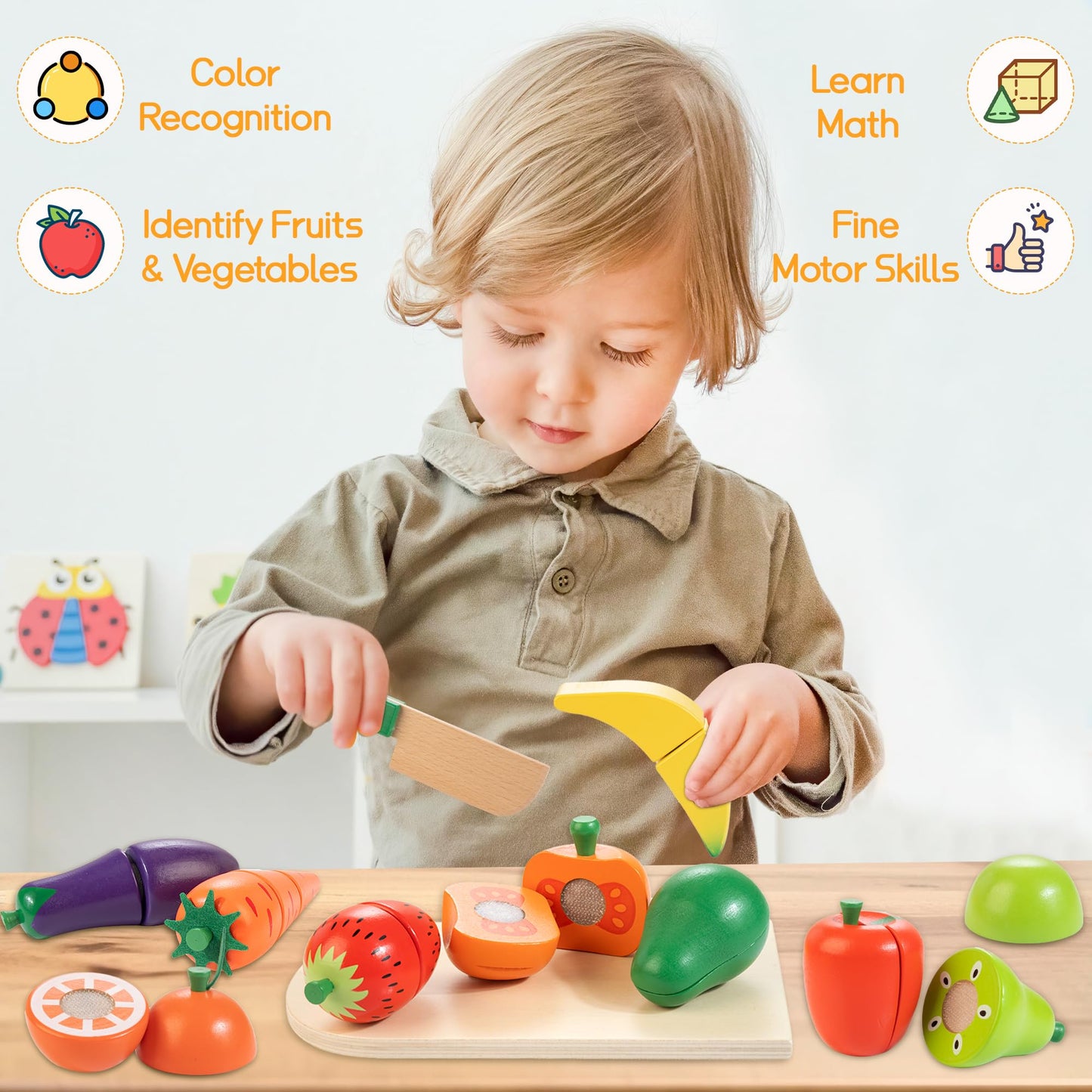 Wooden Play Food for Toddlers, Velcro Fruit and Veggies Cutting Set for Kids, Pretend Food Play Kitchen Accessories for 3 4 5 6 7 Years Old Boys & Girls