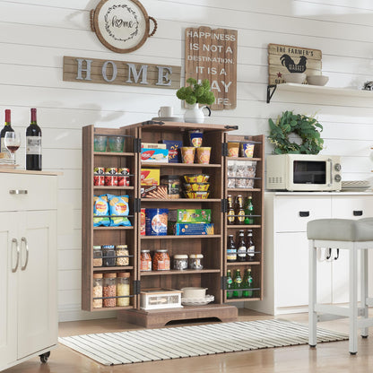 ACCOHOHO 47" Kitchen Pantry, Farmhouse Storage Cabinet with Barn Doors, Organizer and Adjustable Shelves, Rustic Wood Cupboard for Kitchen, Dining Room, Bathroom and Hallway, Rustic Brown