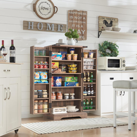 ACCOHOHO 47" Kitchen Pantry, Farmhouse Storage Cabinet with Barn Doors, Organizer and Adjustable Shelves, Rustic Wood Cupboard for Kitchen, Dining Room, Bathroom and Hallway, Rustic Brown ACCOHOHO