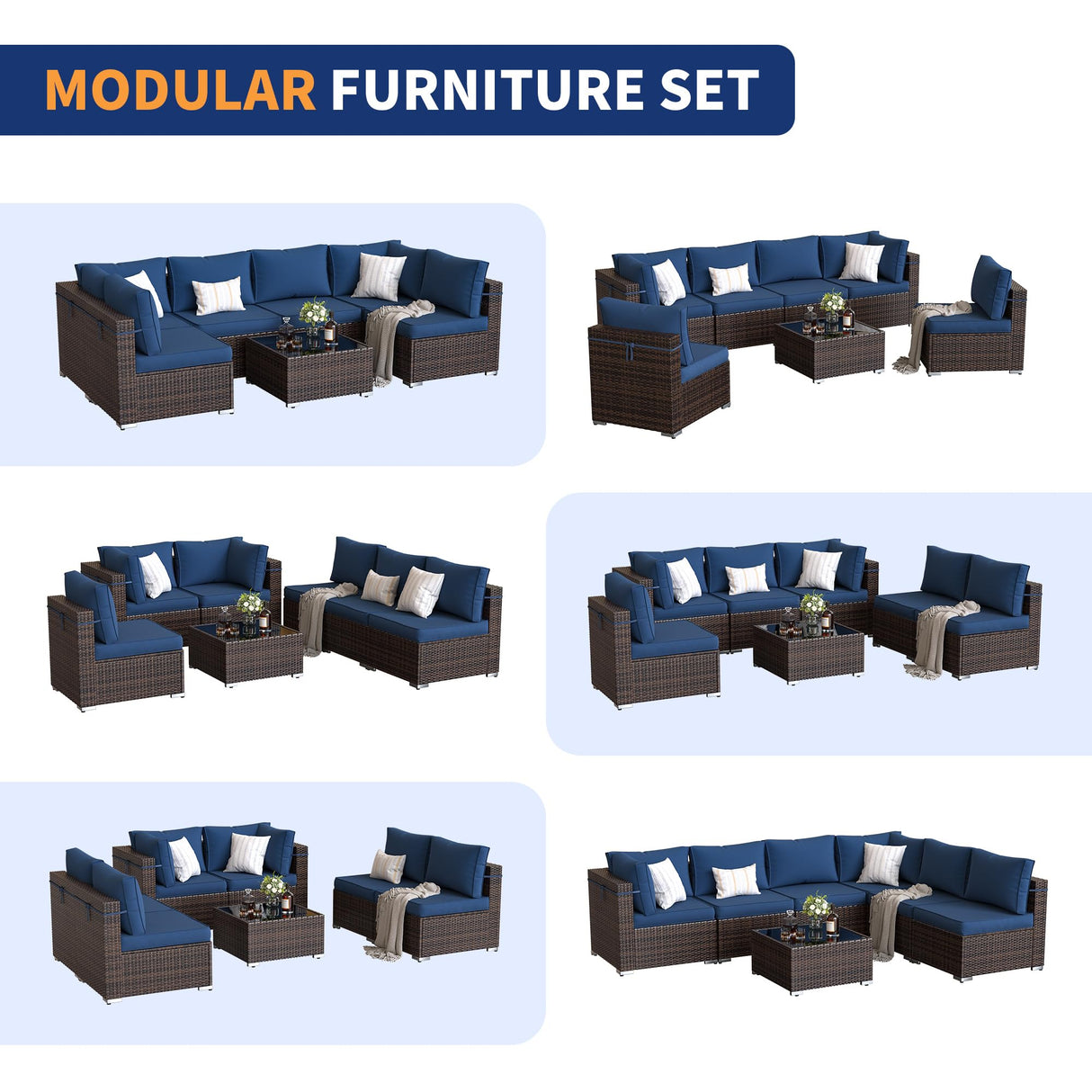 VONZOY 7 Piece Patio Furniture Set Outdoor Sectional Sofa, Wicker Backyard Conversation Set with Waterproof Cover & Coffee Table, Modular Outdoor Couch for Garden, Poolside (Brown/Navy Blue Cushion) VONZOY