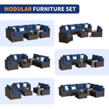 VONZOY 7 Piece Patio Furniture Set Outdoor Sectional Sofa, Wicker Backyard Conversation Set with Waterproof Cover & Coffee Table, Modular Outdoor Couch for Garden, Poolside (Brown/Navy Blue Cushion) VONZOY
